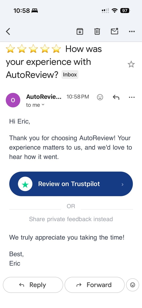 Review request email sent by AutoReview