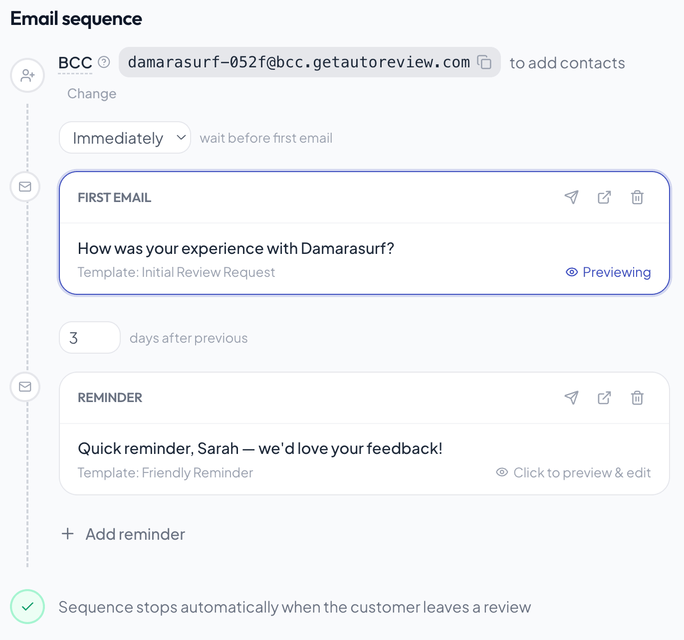 Automated email sequence showing initial request, reminder 1 at day 3, and reminder 2 at day 7 with automatic stop on review