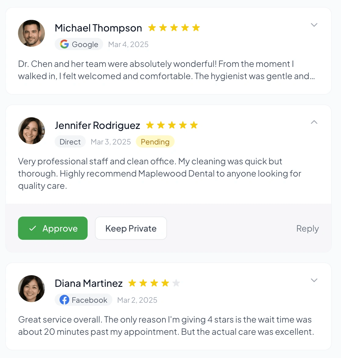 Review moderation dashboard showing incoming reviews ready to approve or decline