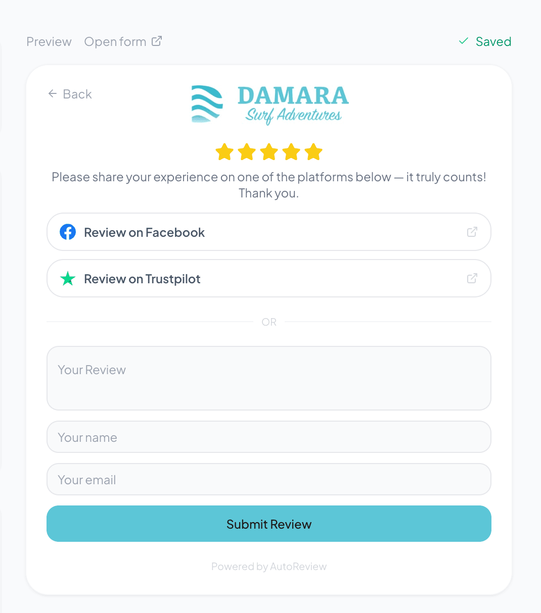 Review form showing platform links for Facebook and Trustpilot with feedback form below