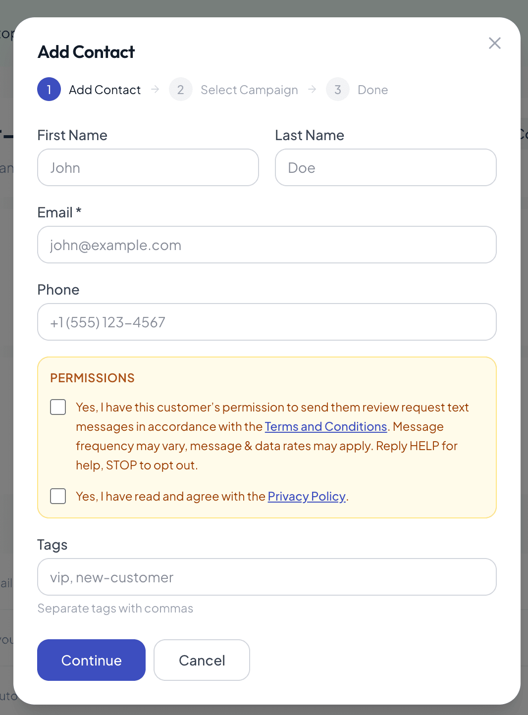 AutoReview dashboard Add Contact form showing the two mandatory consent checkboxes — SMS permission (with Terms and Conditions link) and Privacy Policy agreement — shown unchecked by default before a phone number can be saved