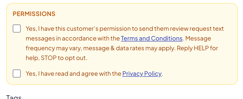 Close-up of the two SMS consent checkboxes — review request permission with Terms link, and Privacy Policy agreement — in their default unchecked state